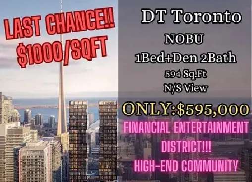 $1000/FT LAST CHANCE‼ Toronto downtown NOBU: 1 1B 2B ONLY $595K!